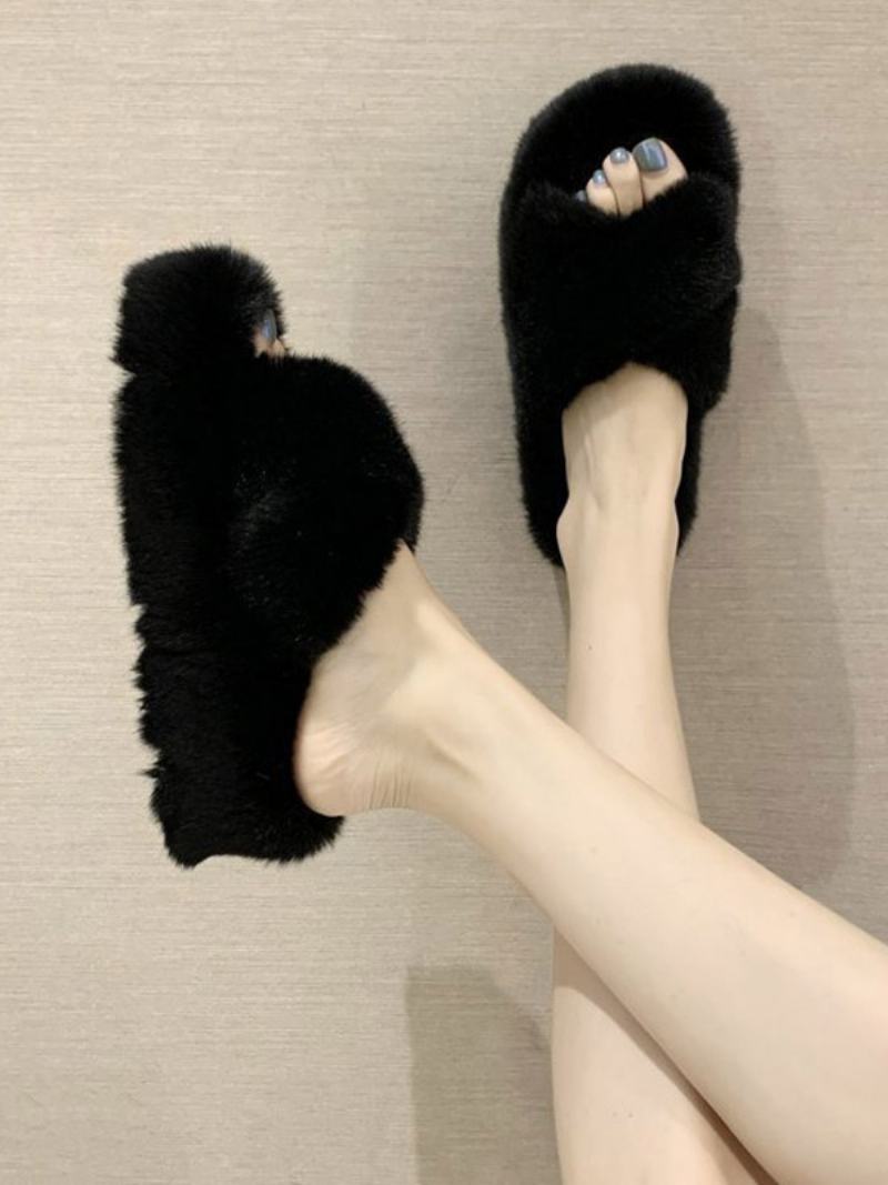 Γυναικεία Πέδιλα Slide Chic Fur Συνθετικό Υλικό Peep Toe Flat Παντόφλες - Μαύρο