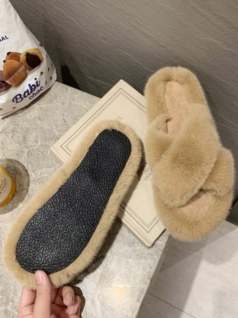 Γυναικεία Πέδιλα Slide Chic Fur Συνθετικό Υλικό Peep Toe Flat Παντόφλες - Χακί