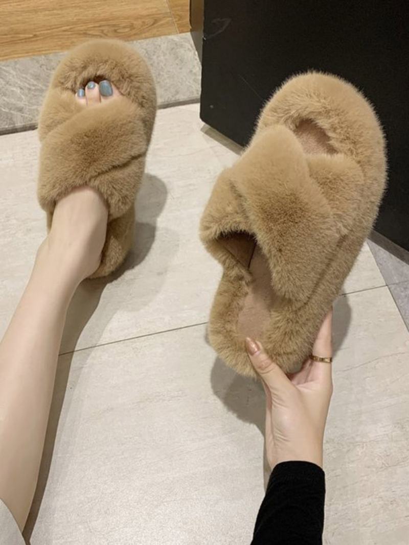 Γυναικεία Πέδιλα Slide Chic Fur Συνθετικό Υλικό Peep Toe Flat Παντόφλες - Χακί