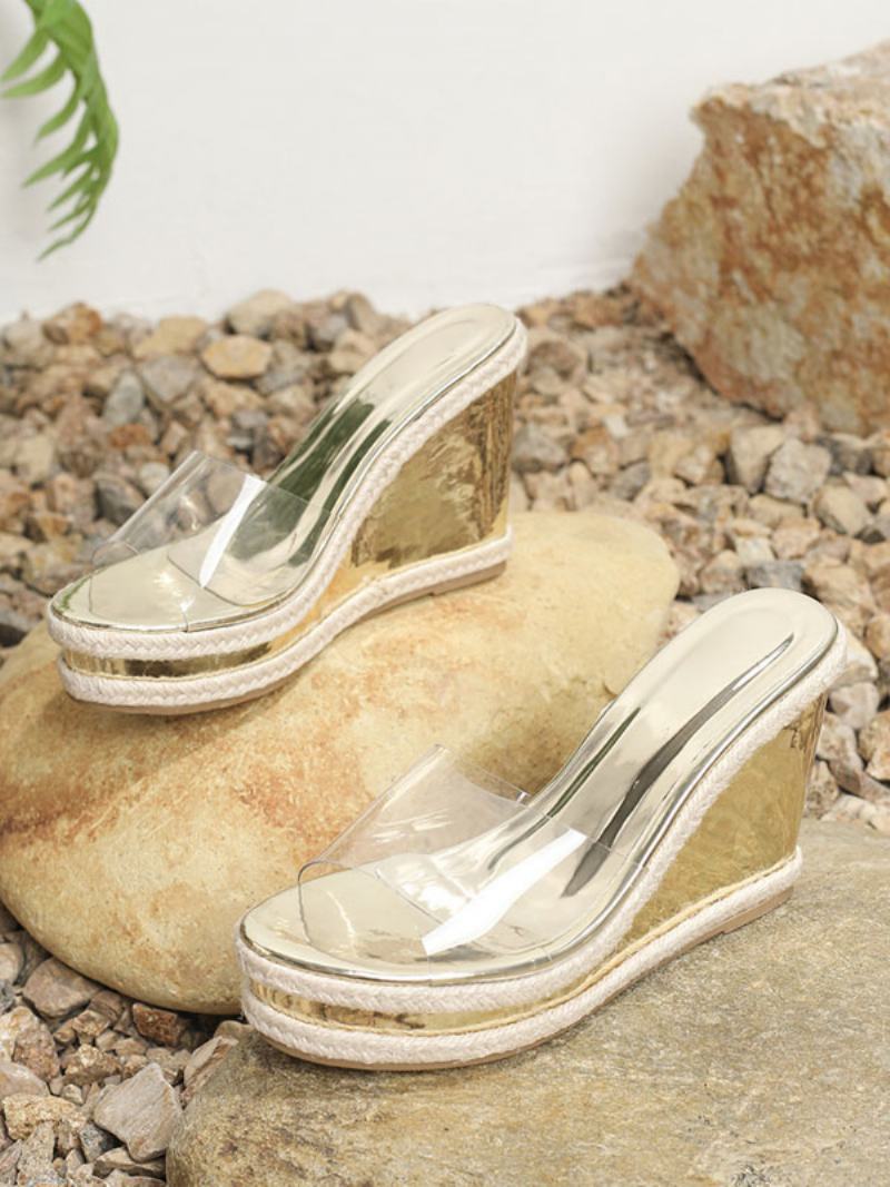 Γυναικεία Πέδιλα Slide Chic Pvc Παντόφλες Επάνω Peep Toe Wedge Heel - Χρυσός