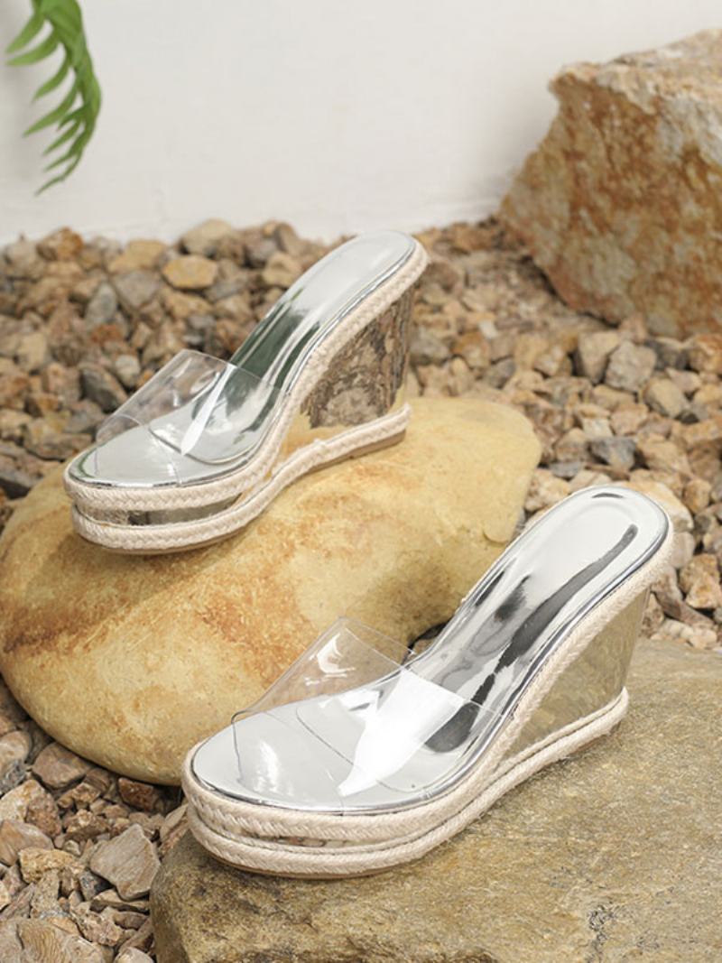 Γυναικεία Πέδιλα Slide Chic Pvc Παντόφλες Επάνω Peep Toe Wedge Heel - Ασημί