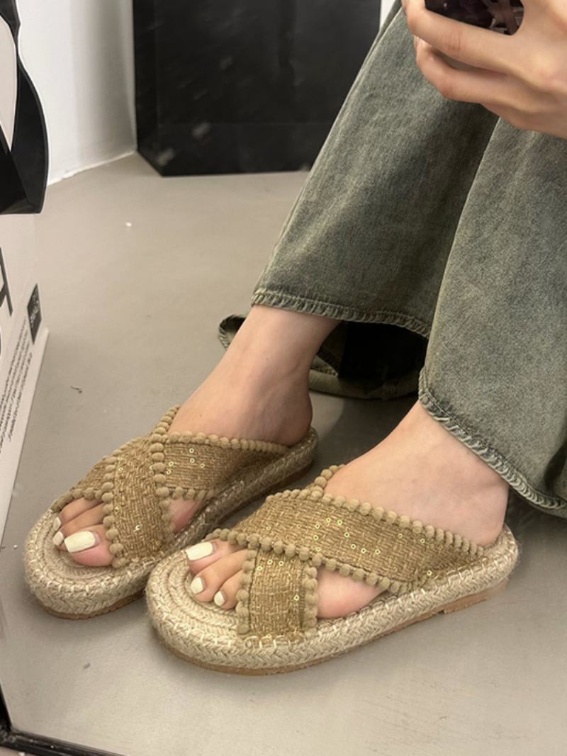 Γυναικεία Πέδιλα Slide Πλακέ Παντόφλες Bohemian Textile Woven Open Toe