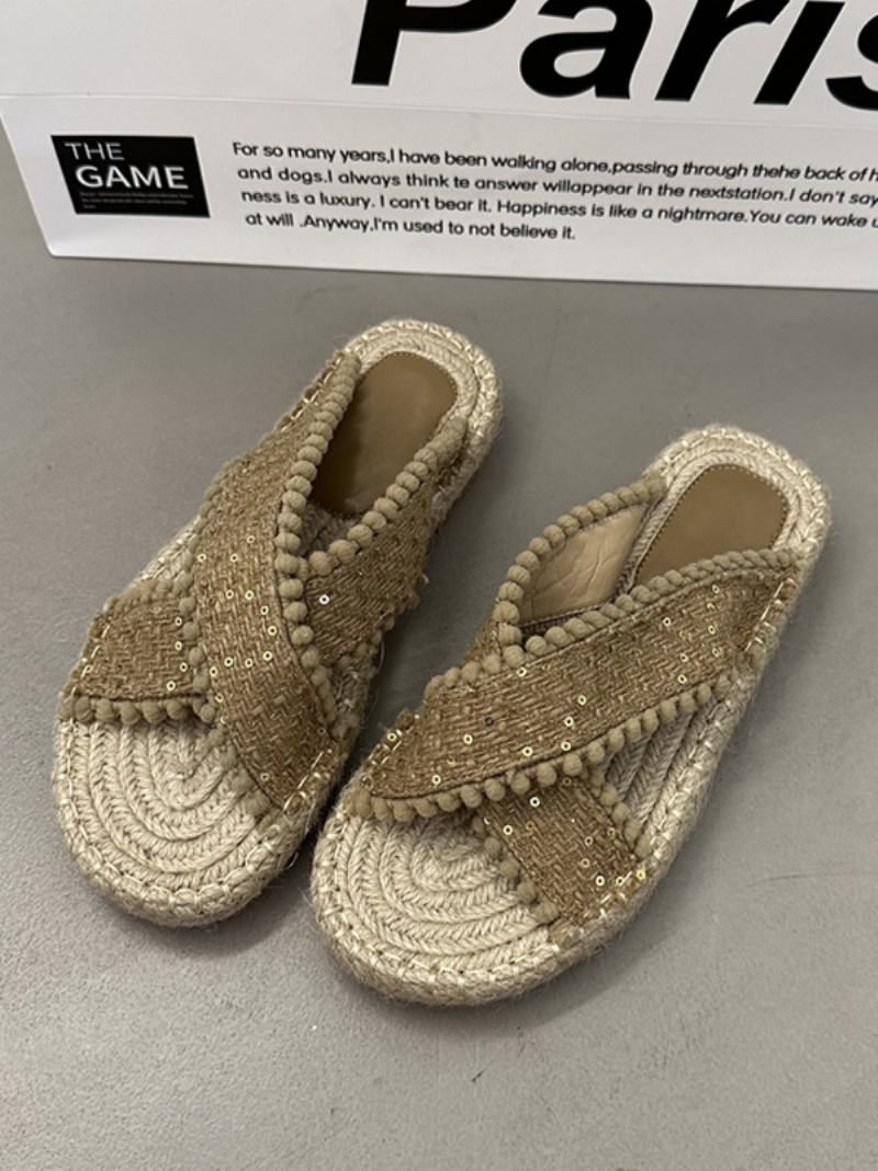 Γυναικεία Πέδιλα Slide Πλακέ Παντόφλες Bohemian Textile Woven Open Toe - Καφέ Καφέ