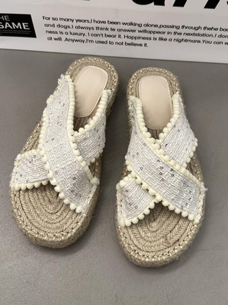 Γυναικεία Πέδιλα Slide Πλακέ Παντόφλες Bohemian Textile Woven Open Toe - Μπεζ