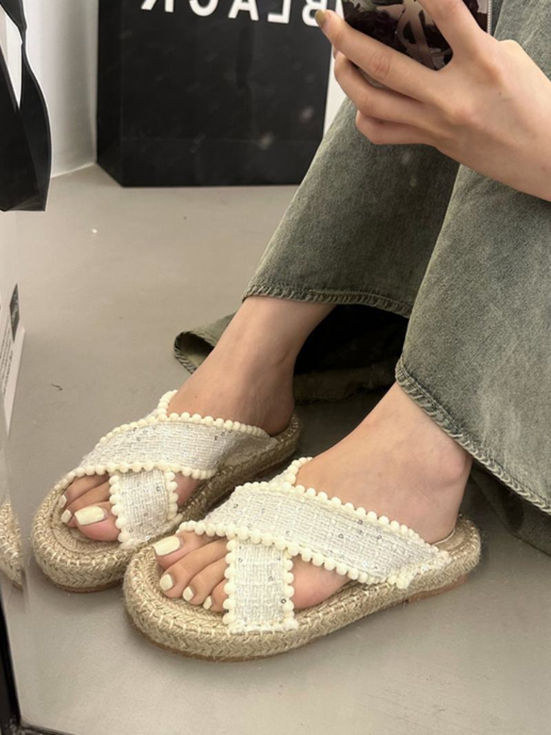 Γυναικεία Πέδιλα Slide Πλακέ Παντόφλες Bohemian Textile Woven Open Toe - Μπεζ