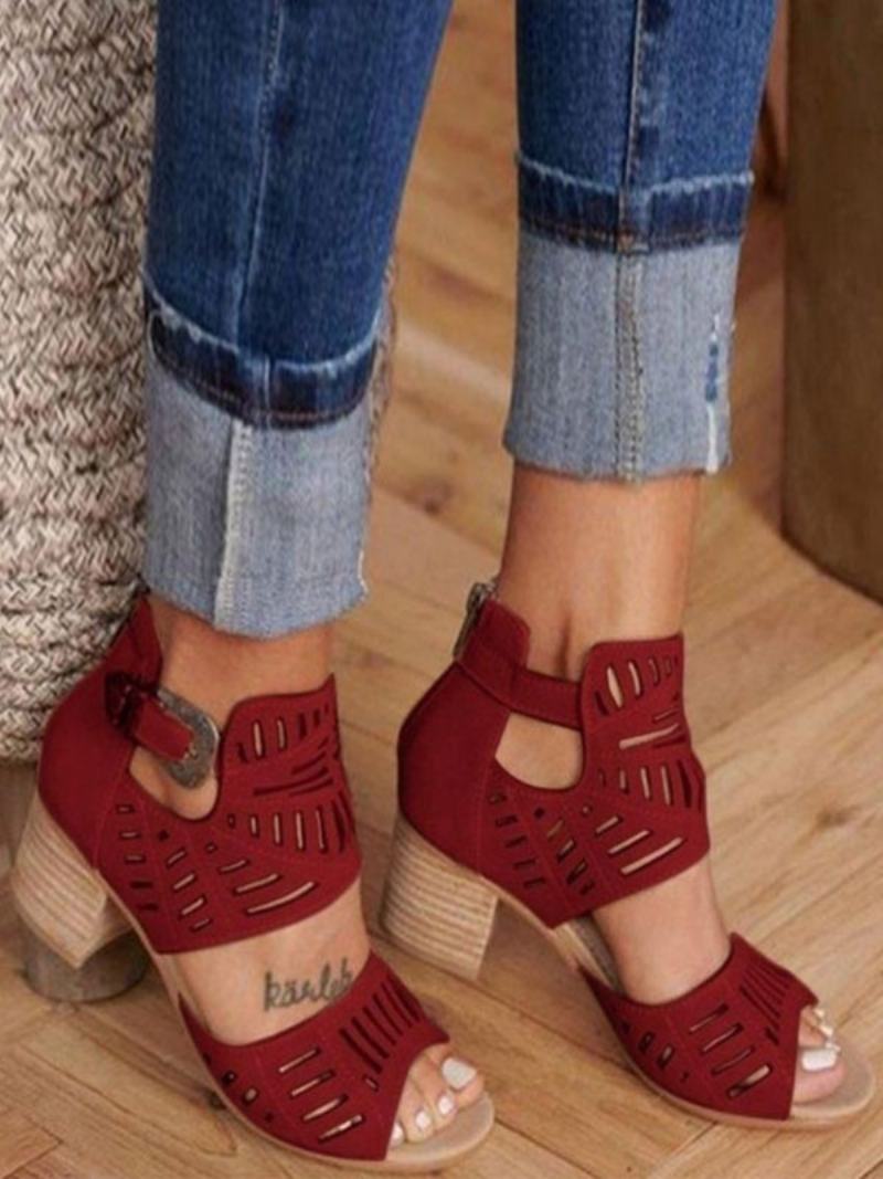 Γυναικεία Πέδιλα Με Τακούνι Open Toe Chunky Heel Sindals Terry - Βουργουνδία