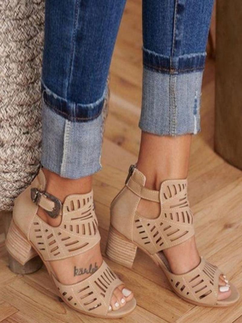 Γυναικεία Πέδιλα Με Τακούνι Open Toe Chunky Heel Sindals Terry - Μπεζ