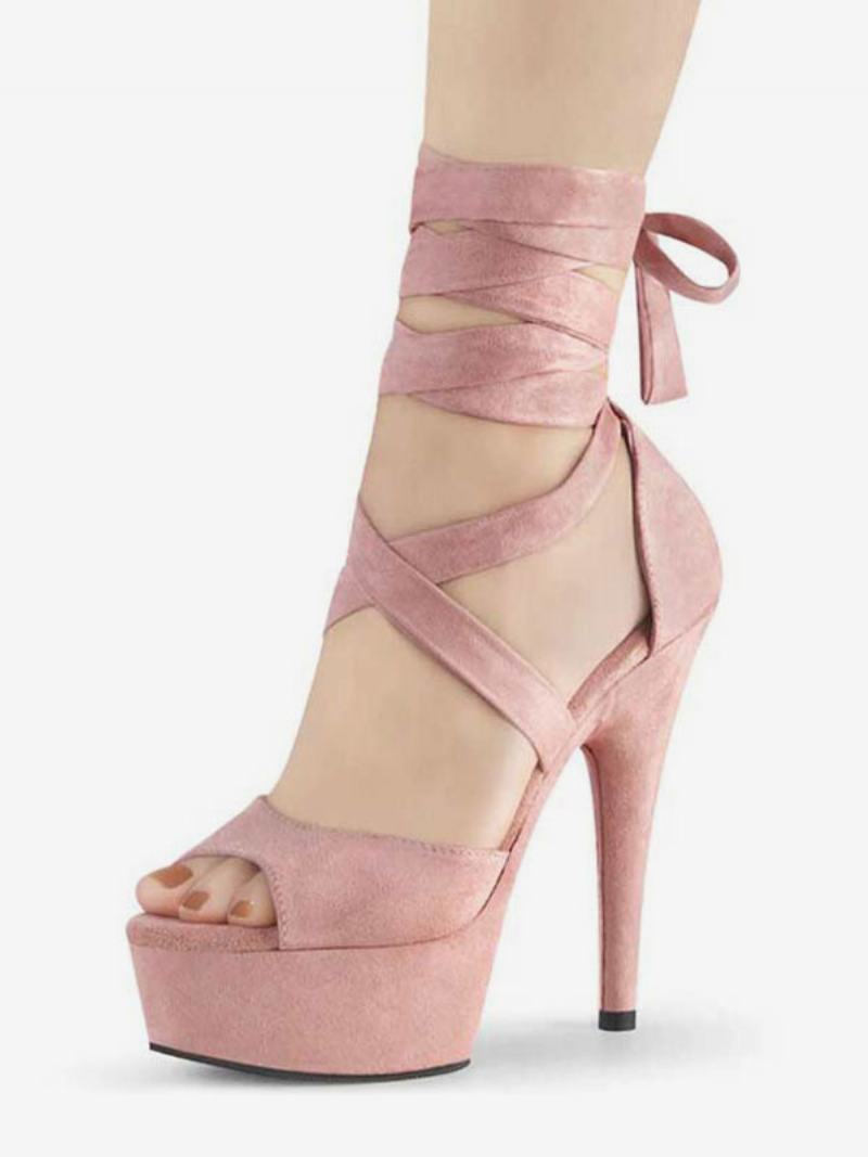 Γυναικεία Πέδιλα Με Τακούνι Stiletto Strappy Platform Σε Ροζ Σουέντ