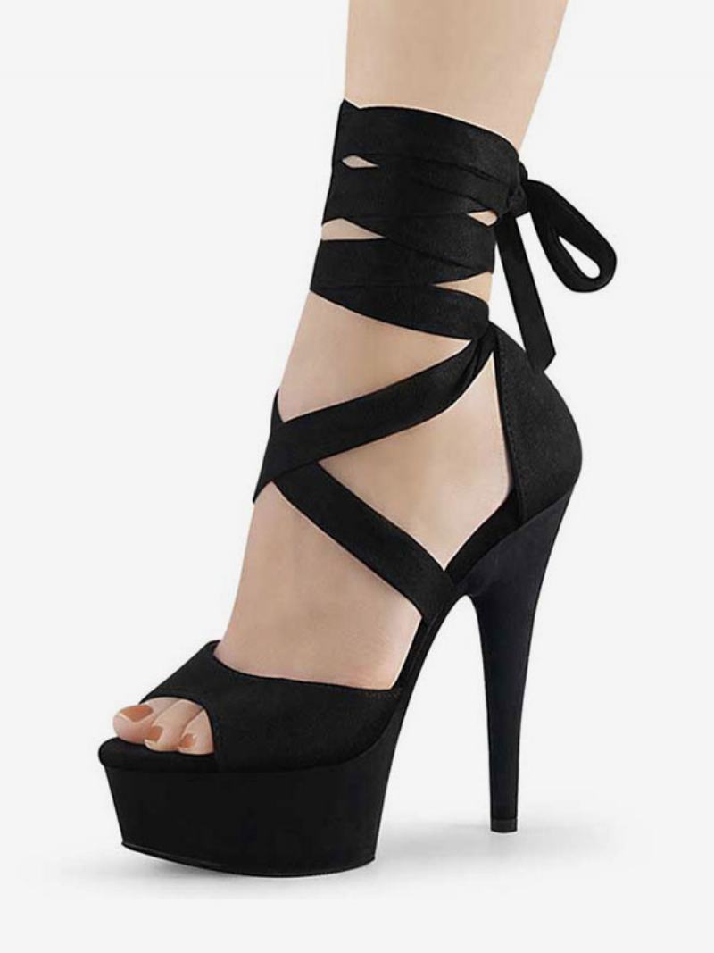 Γυναικεία Πέδιλα Με Τακούνι Stiletto Strappy Platform Σε Ροζ Σουέντ - Μαύρο