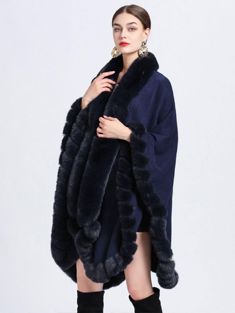 Γυναικεία Παλτό Πόντσο Από Faux Fur Cape Winter Outerwear - Σκούρο Ναυτικό