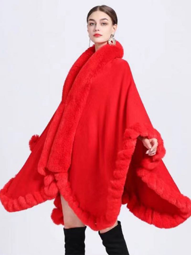 Γυναικεία Παλτό Πόντσο Από Faux Fur Cape Winter Outerwear - Κόκκινο