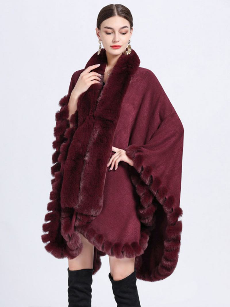 Γυναικεία Παλτό Πόντσο Από Faux Fur Cape Winter Outerwear - Βουργουνδία