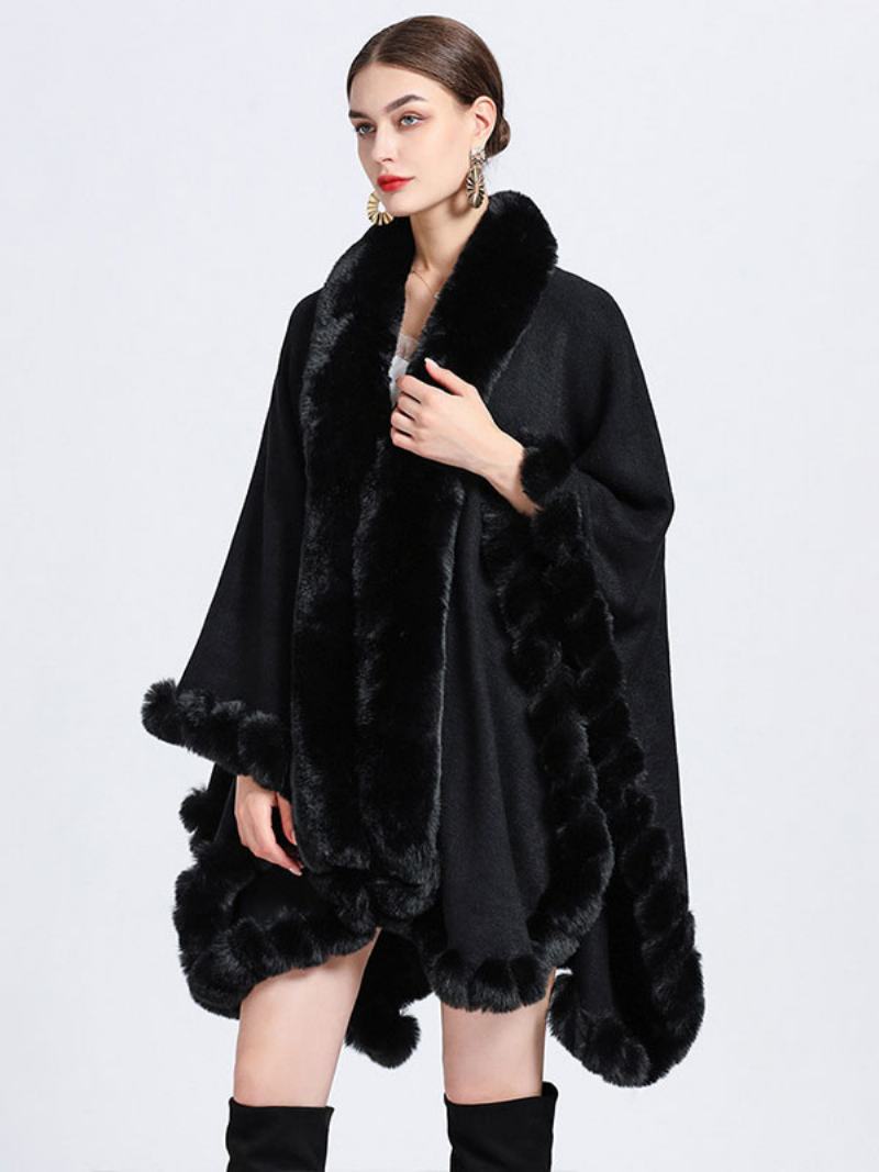 Γυναικεία Παλτό Πόντσο Από Faux Fur Cape Winter Outerwear - Μαύρο