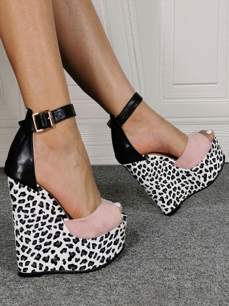 Γυναικεία Παπούτσια Wedge Κλασικά Peep Toe Heel Slip-on Leopard Σανδάλια - Ροζ