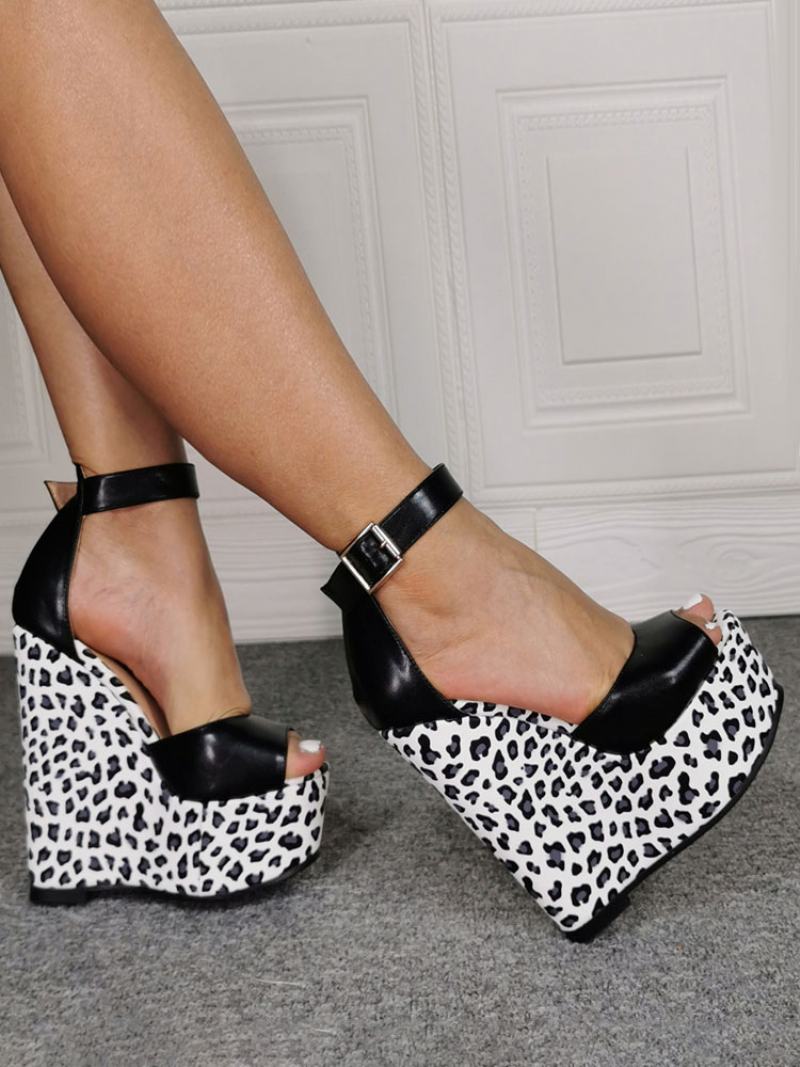 Γυναικεία Παπούτσια Wedge Κλασικά Peep Toe Heel Slip-on Leopard Σανδάλια - Μαύρο