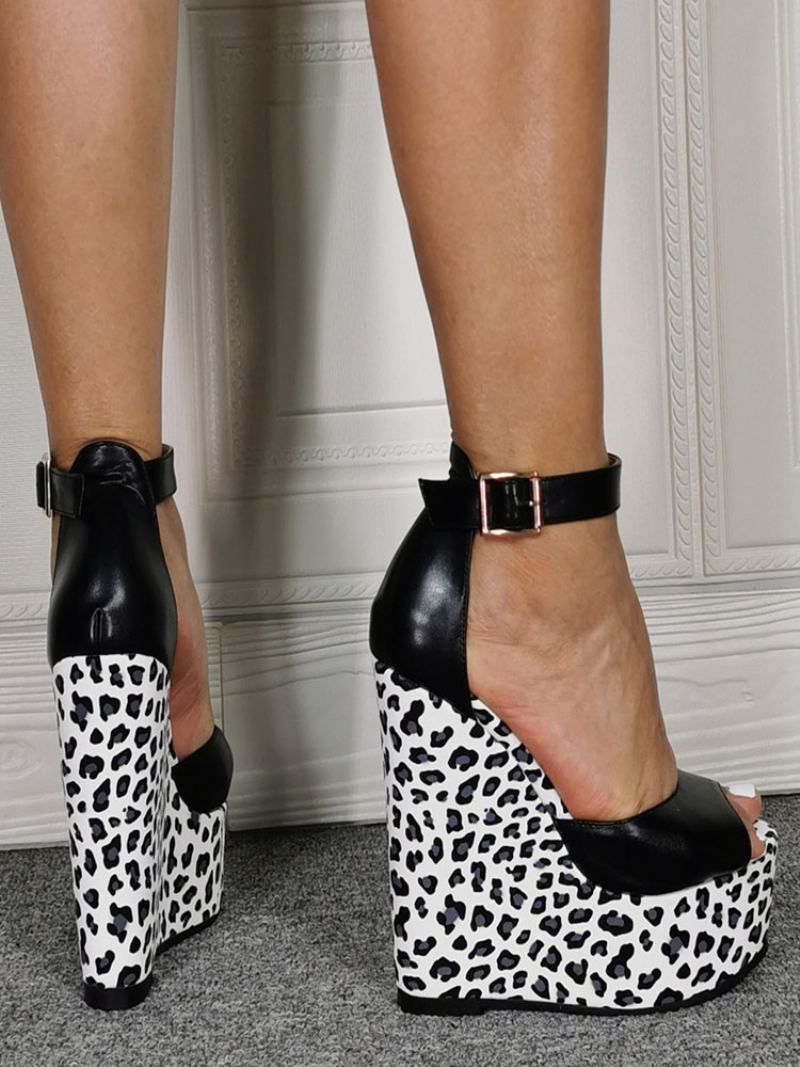 Γυναικεία Παπούτσια Wedge Κλασικά Peep Toe Heel Slip-on Leopard Σανδάλια - Μαύρο