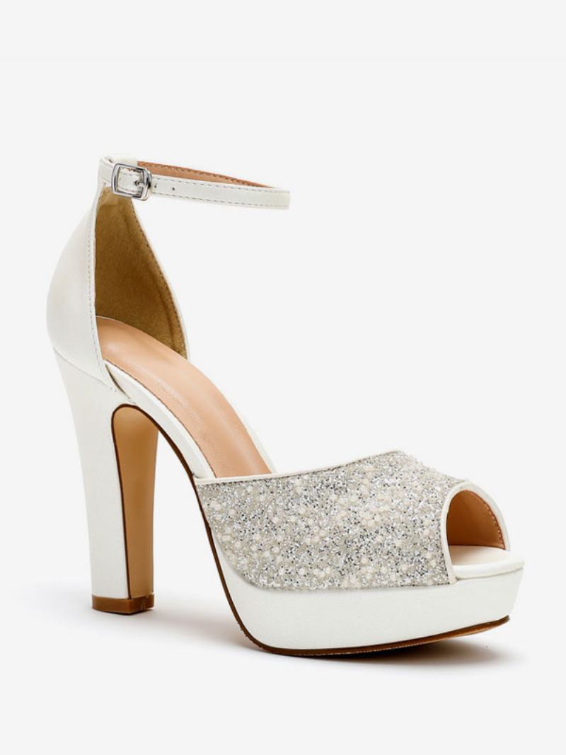 Γυναικεία Παπούτσια Γάμου Glitter Pu Δερμάτινα Peep Toe Pearls Ψηλοτάκουνα Νυφικά Pumps - Άσπρο