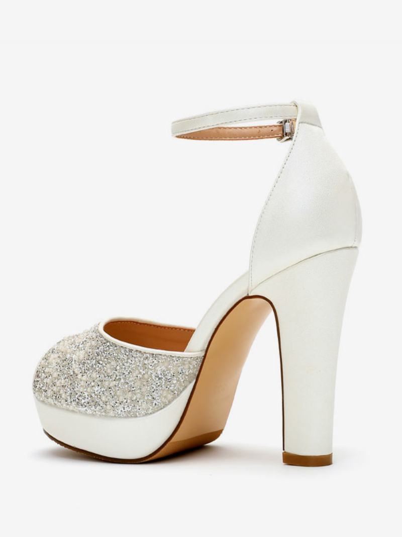 Γυναικεία Παπούτσια Γάμου Glitter Pu Δερμάτινα Peep Toe Pearls Ψηλοτάκουνα Νυφικά Pumps - Άσπρο