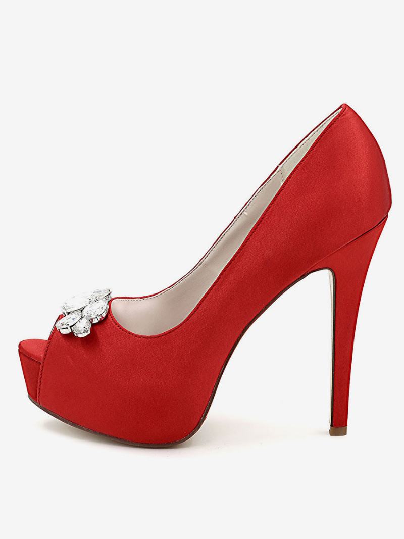 Γυναικεία Παπούτσια Γάμου Πλατφόρμας Peep Toe Stiletto Heel Pumps Σε Σατέν - Κόκκινο