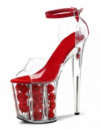 Γυναικεία Παπούτσια Χορού Pole Dance Red Clear Sky High Platform Xmas Σανδάλια Peep Toe Flowers Roses Stripper