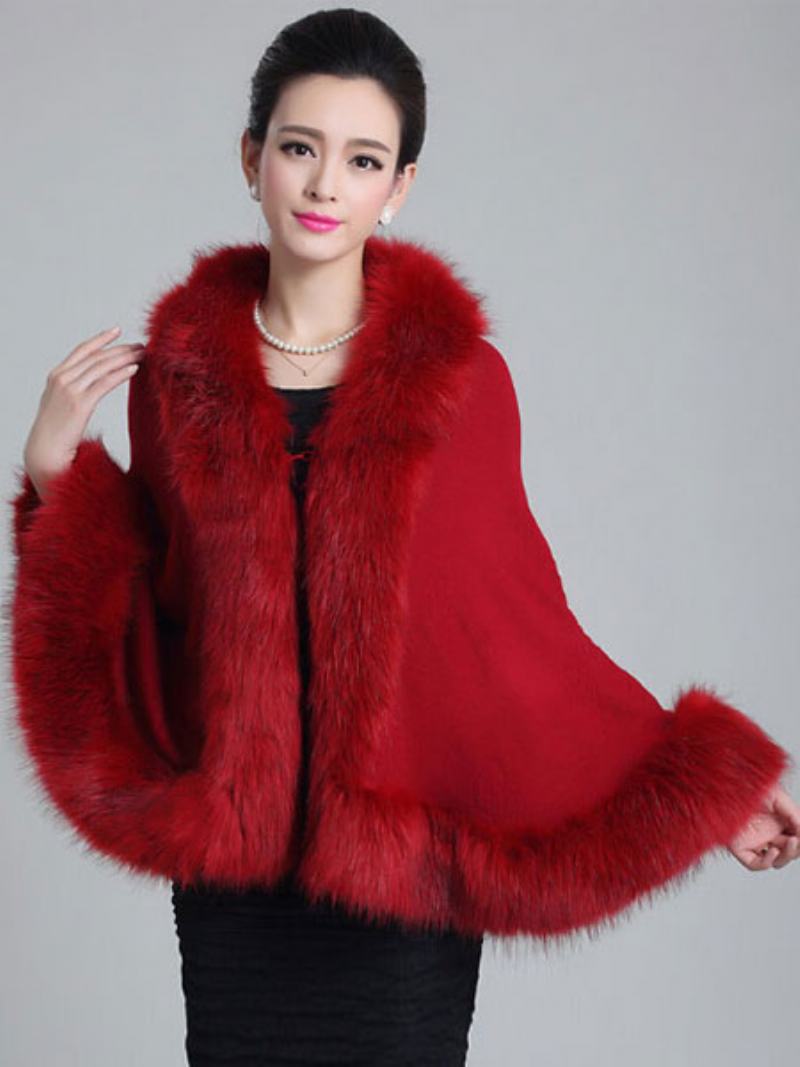 Γυναικεία Πλεκτά Poncho Oversized Ανοιξιάτικα Παλτό Από Faux Fur - Κόκκινο