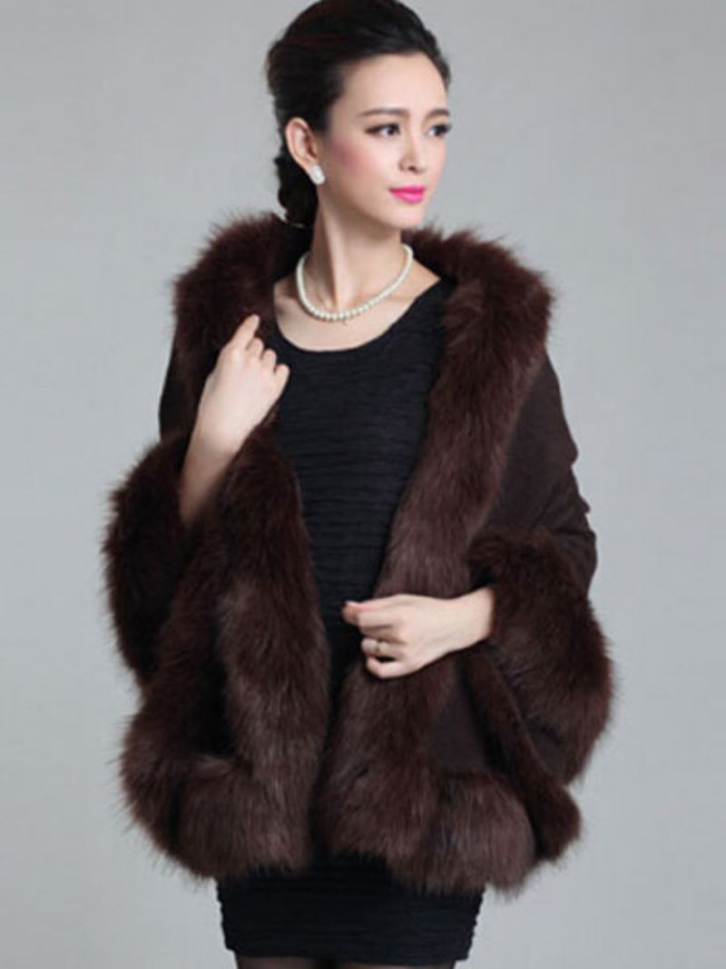 Γυναικεία Πλεκτά Poncho Oversized Ανοιξιάτικα Παλτό Από Faux Fur - Σκούρο Καφέ