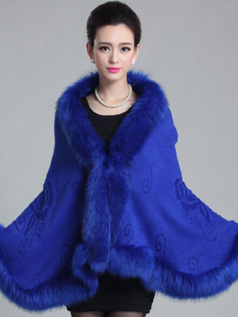 Γυναικεία Πλεκτά Poncho Oversized Ανοιξιάτικα Παλτό Από Faux Fur - Μπλε