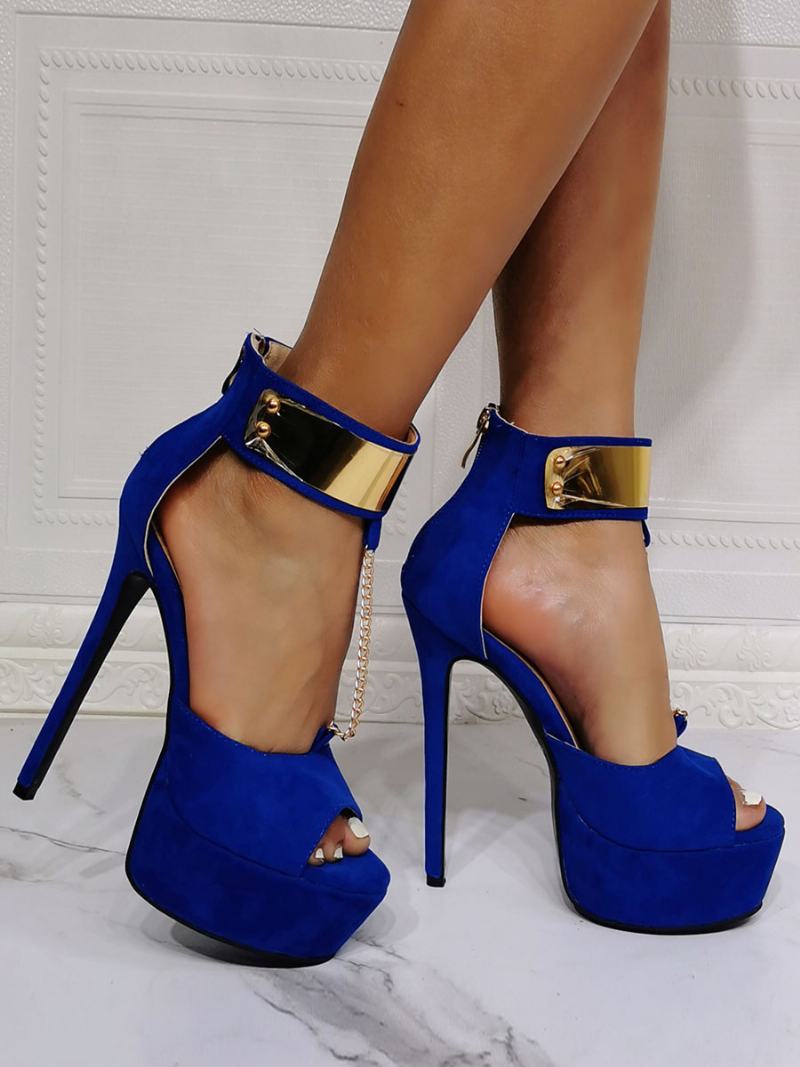 Γυναικεία Σέξι Πέδιλα Royal Blue Micro Suede Επάνω Ανοιχτό Δάχτυλο Με Ψηλό Τακούνι Στιλέτο Λουράκι Αστραγάλου - Μπλε Ρουά