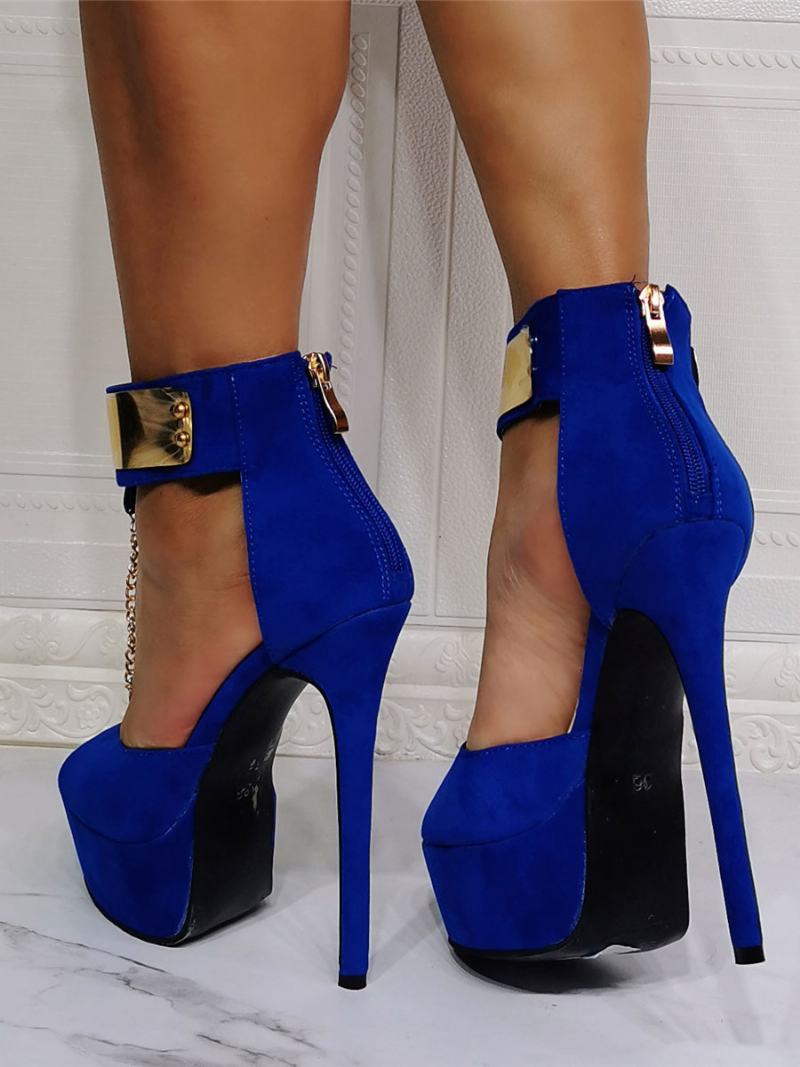 Γυναικεία Σέξι Πέδιλα Royal Blue Micro Suede Επάνω Ανοιχτό Δάχτυλο Με Ψηλό Τακούνι Στιλέτο Λουράκι Αστραγάλου - Μπλε Ρουά