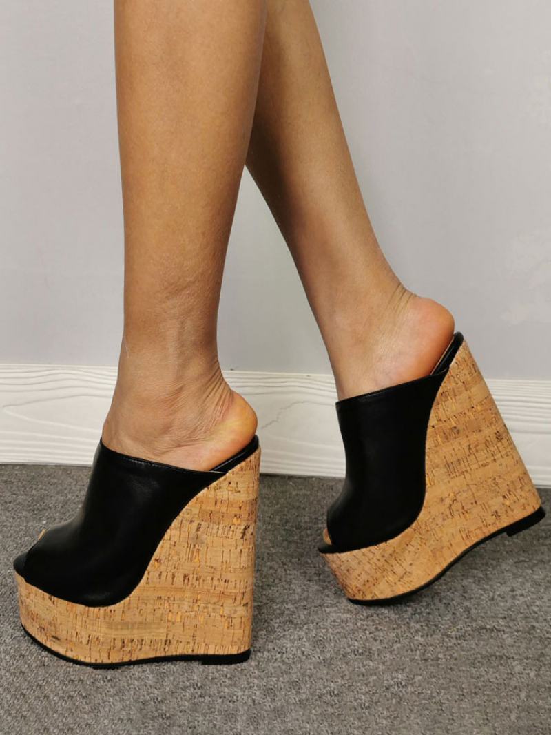 Γυναικεία Σέξι Πέδιλα Μαύρα Pu Δερμάτινα Peep Toe Wedge Heel Παπούτσια Plus Size - Μαύρο