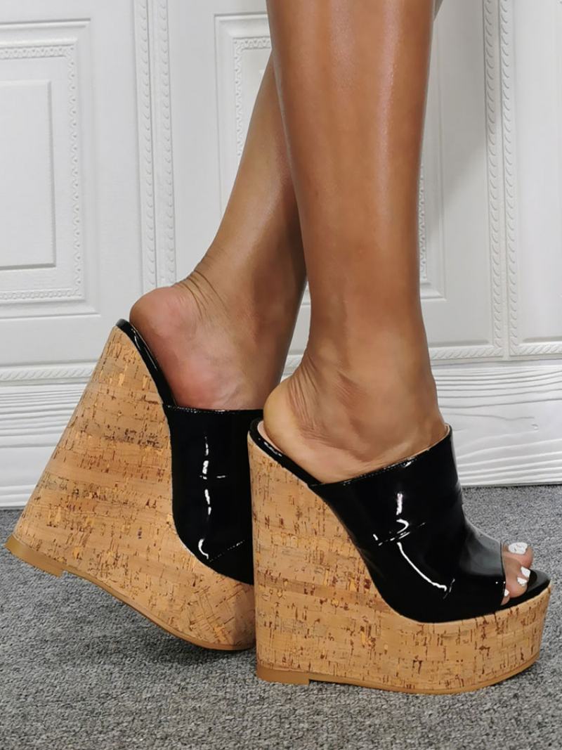 Γυναικεία Σανδάλια Cork Wedge Mule Από Λουστρίνι - Μαύρο