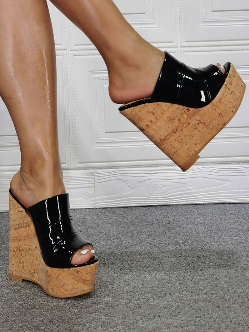 Γυναικεία Σανδάλια Cork Wedge Mule Από Λουστρίνι - Μαύρο