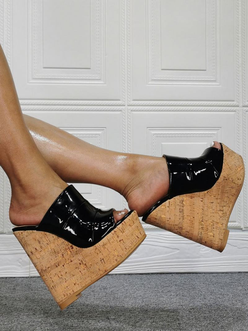 Γυναικεία Σανδάλια Cork Wedge Mule Από Λουστρίνι - Μαύρο