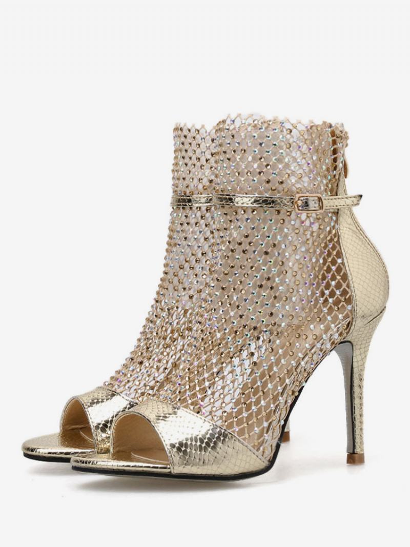 Γυναικεία Σανδάλια Μποτάκια Χρυσά Peep Toe Rhinestones Ψηλοτάκουνα Παπούτσια