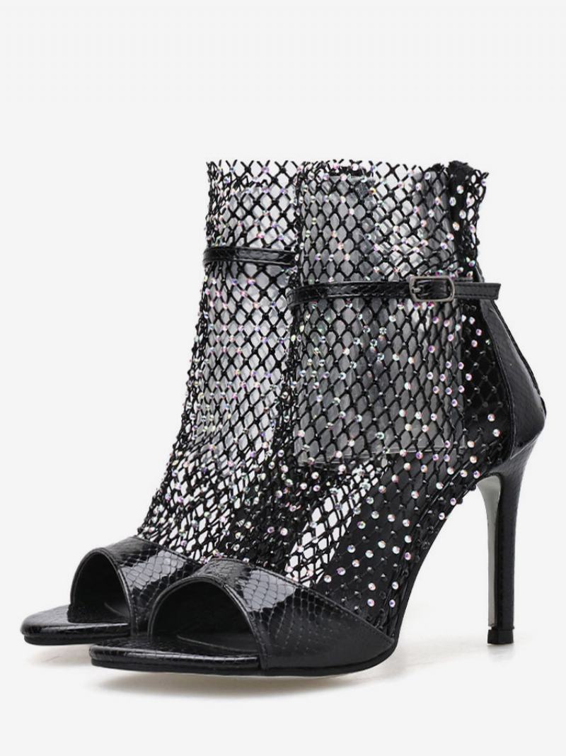 Γυναικεία Σανδάλια Μποτάκια Χρυσά Peep Toe Rhinestones Ψηλοτάκουνα Παπούτσια - Μαύρο