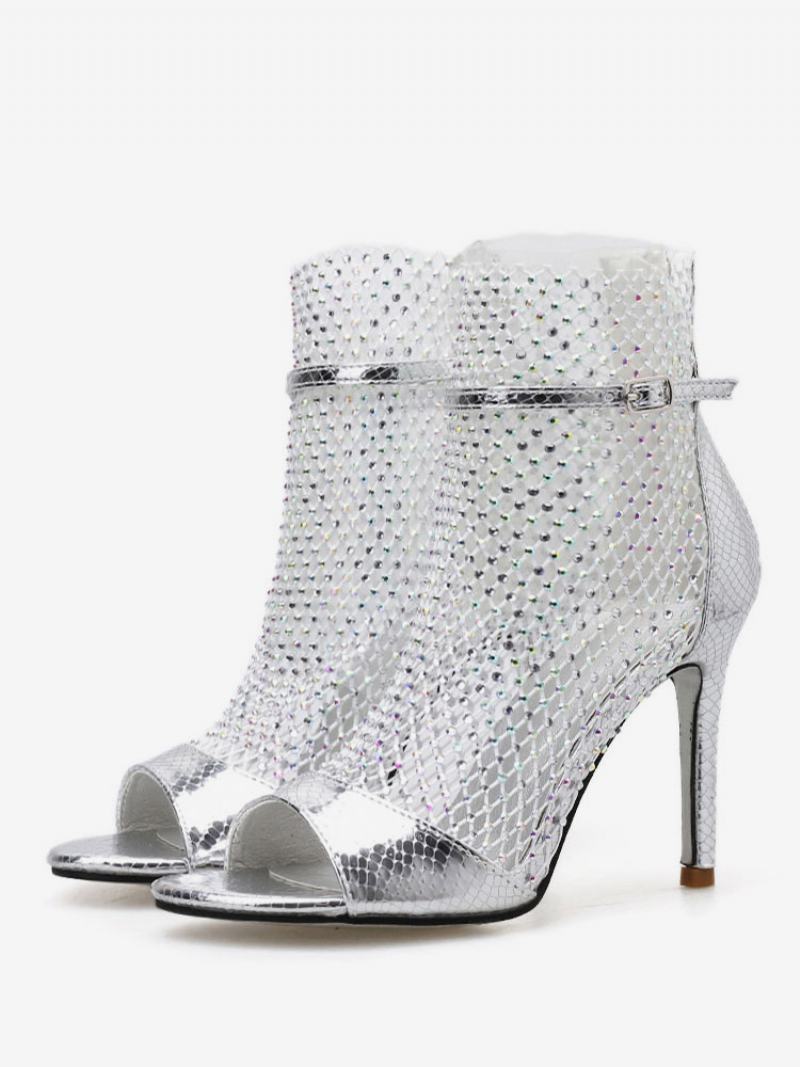 Γυναικεία Σανδάλια Μποτάκια Χρυσά Peep Toe Rhinestones Ψηλοτάκουνα Παπούτσια - Ασημί