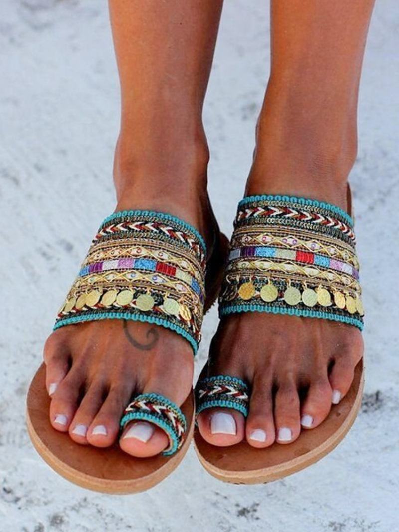 Γυναικεία Σανδάλια Παραλίας Boho Toe Loop Sandal Slides - Πράσινος