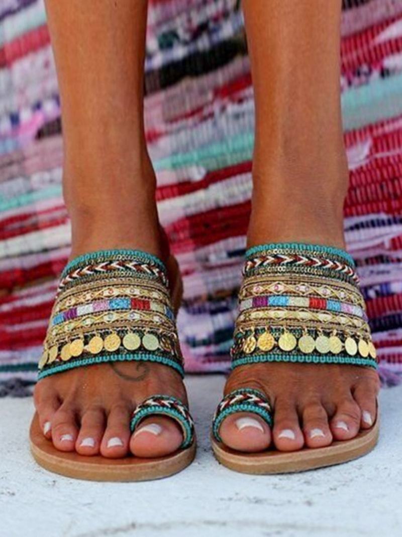 Γυναικεία Σανδάλια Παραλίας Boho Toe Loop Sandal Slides - Πράσινος