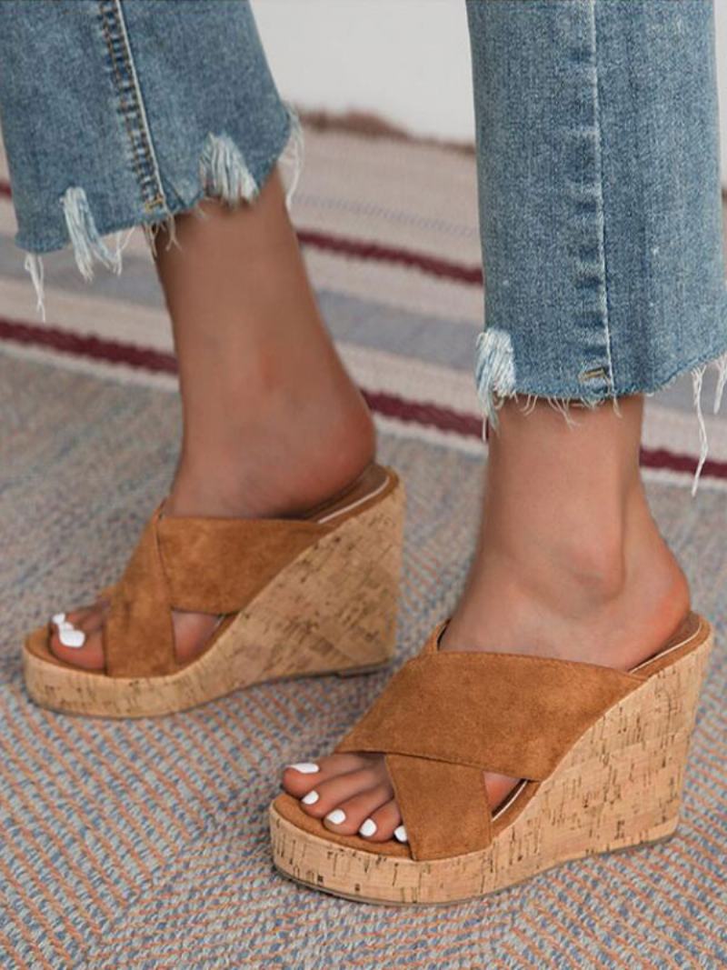 Γυναικεία Σανδάλια Πλατφόρμας Wedge Mule Σε Καφέ Καστόρι