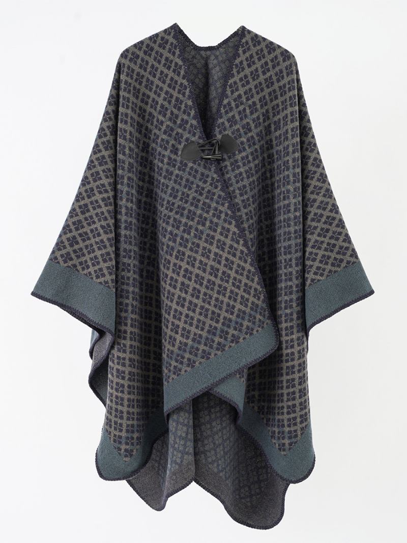 Γυναικεία Στάμπα Cape Toggle Close Daily Casual Poncho - Dark Navy