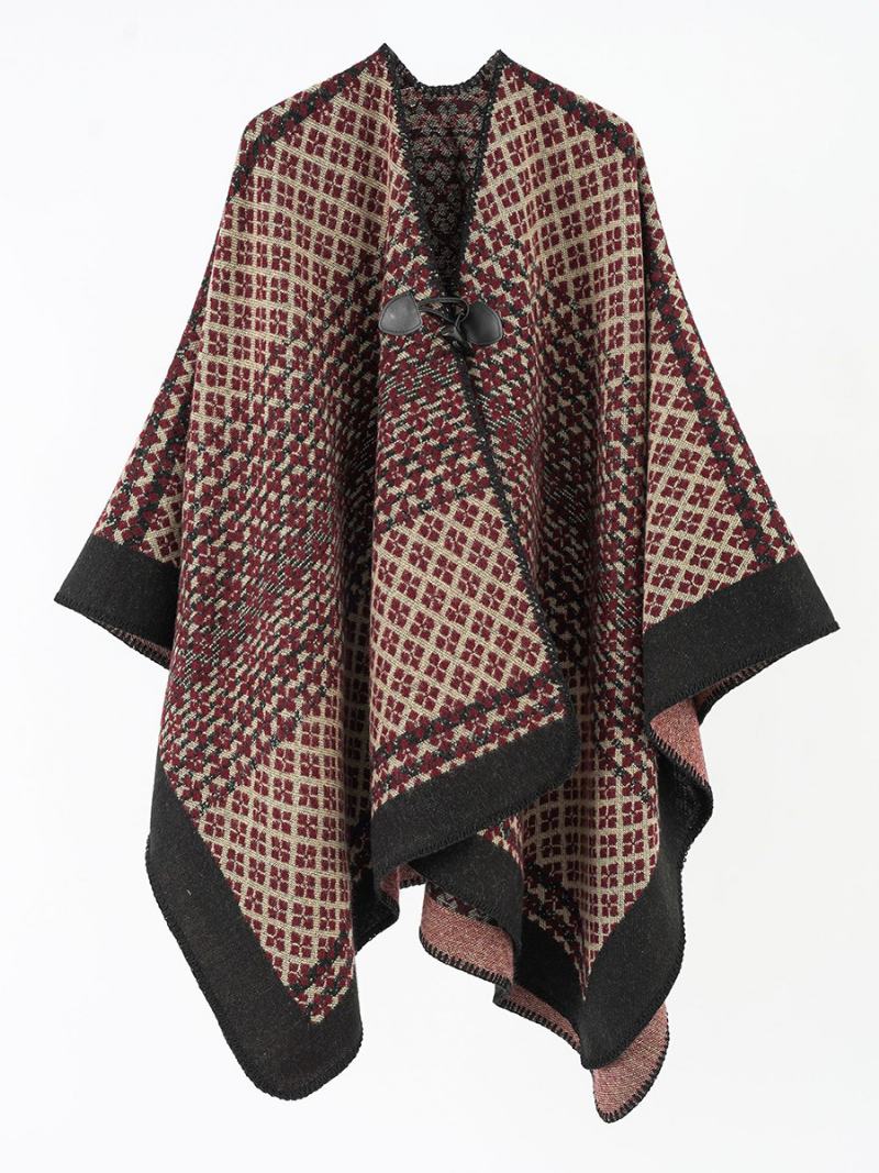 Γυναικεία Στάμπα Cape Toggle Close Daily Casual Poncho - Βουργουνδία