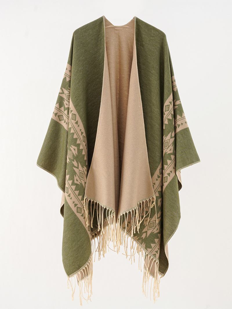 Γυναικεία Στάμπα Poncho Daily Casual Cape Με Κρόσια - Hunter Green