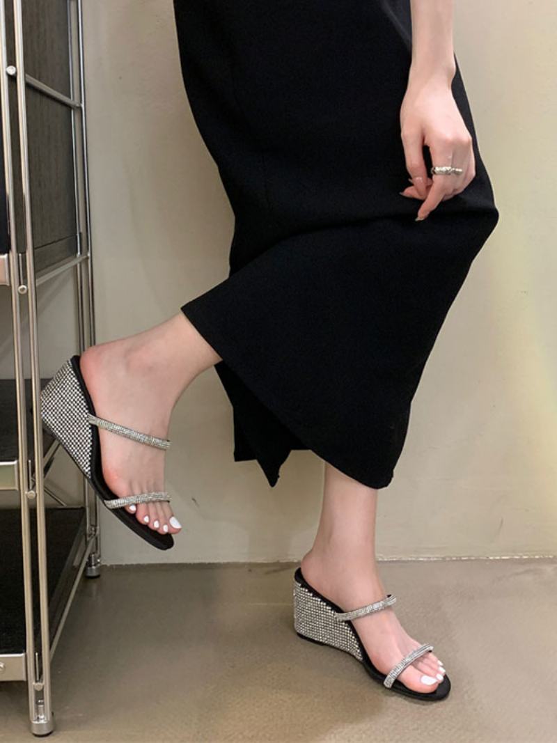 Γυναικεία Στρας Slingbacks Pu Δερμάτινα Πέδιλα Wedge - Μαύρο