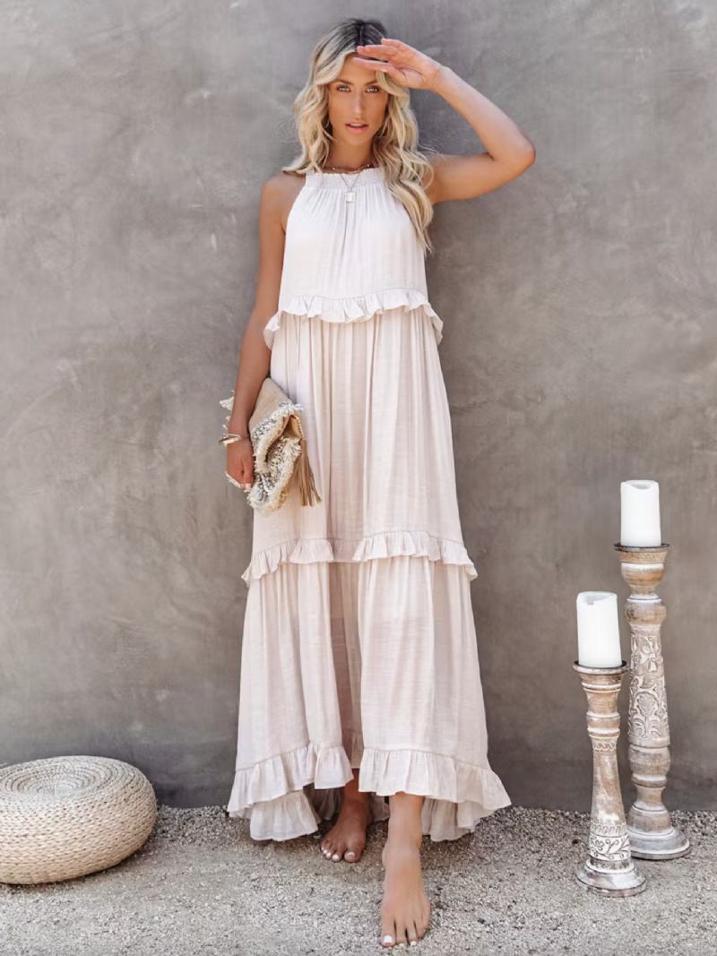 Γυναικεία Φορέματα Shift Αμάνικα Bohemian Lace Up Crewnneck Λευκό Τουνίκ Φόρεμα Με Στρώσεις - Ανοιχτό Κίτρινο