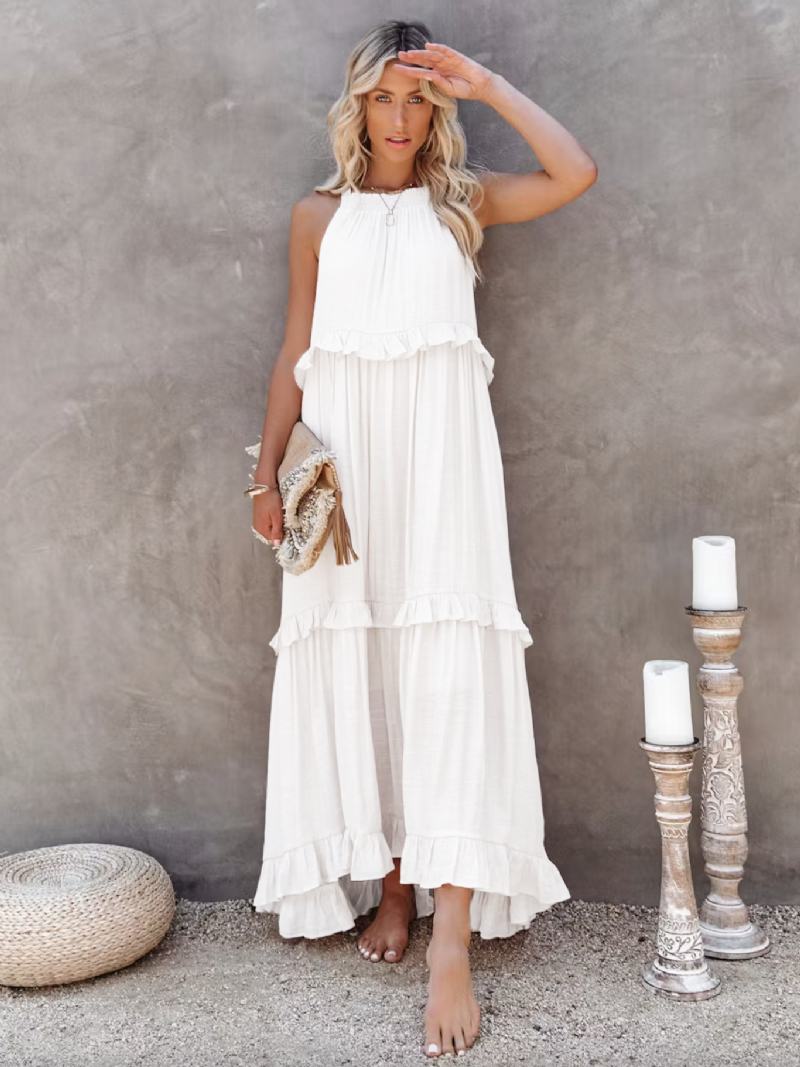 Γυναικεία Φορέματα Shift Αμάνικα Bohemian Lace Up Crewnneck Λευκό Τουνίκ Φόρεμα Με Στρώσεις - Λευκό