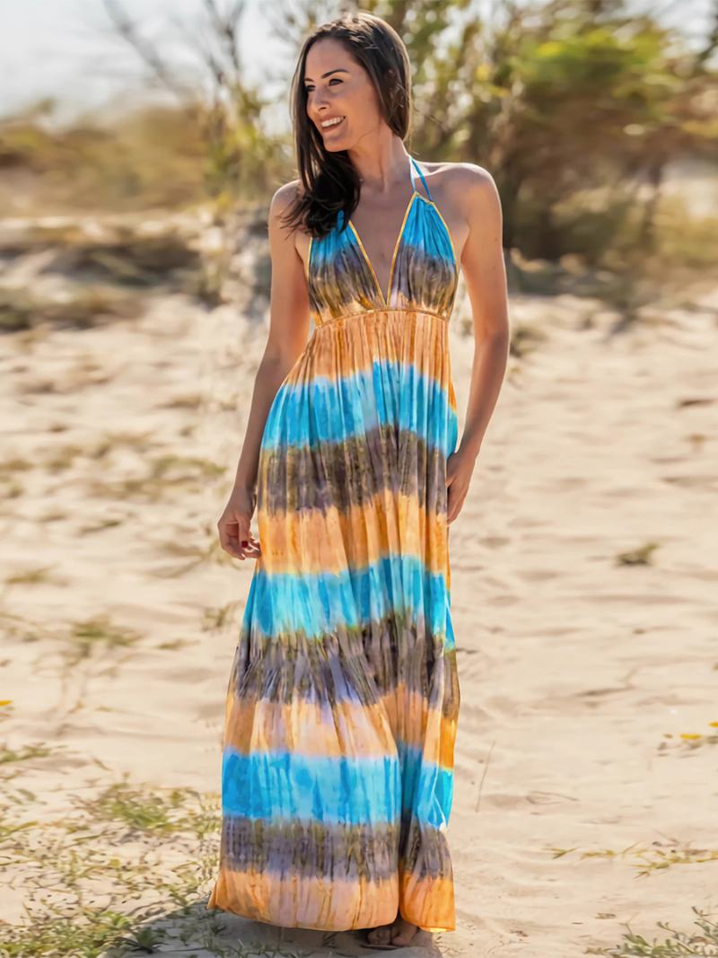 Γυναικεία Φόρεμα Boho Halter Με V Λαιμόκοψη Ανοιχτή Πλάτη Casual Resort Καλοκαιρινά Μάξι Φορέματα - Μπλε