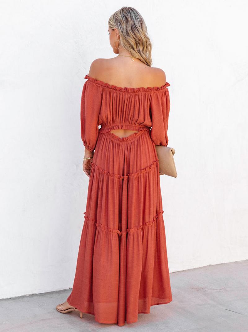 Γυναικεία Φόρεμα Boho Με Βολάν Από Τους Ώμους Casual Καλοκαιρινά Μάξι Φορέματα - Πορτοκαλοκόκκινο