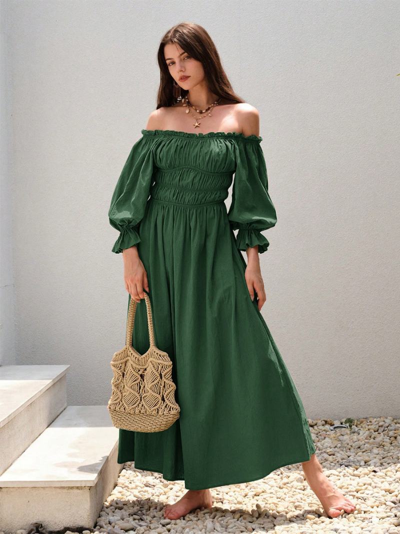 Γυναικεία Φόρεμα Off The Shoulder Πλισέ Καθημερινά Casual Μάξι Φορέματα Σε Πράσινο Χρώμα