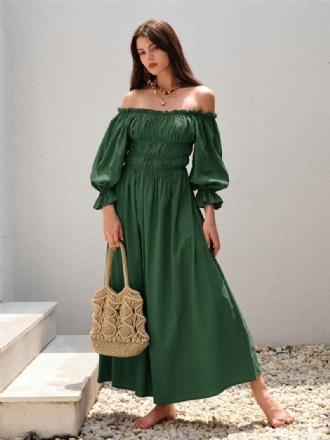 Γυναικεία Φόρεμα Off The Shoulder Πλισέ Καθημερινά Casual Μάξι Φορέματα Σε Πράσινο Χρώμα