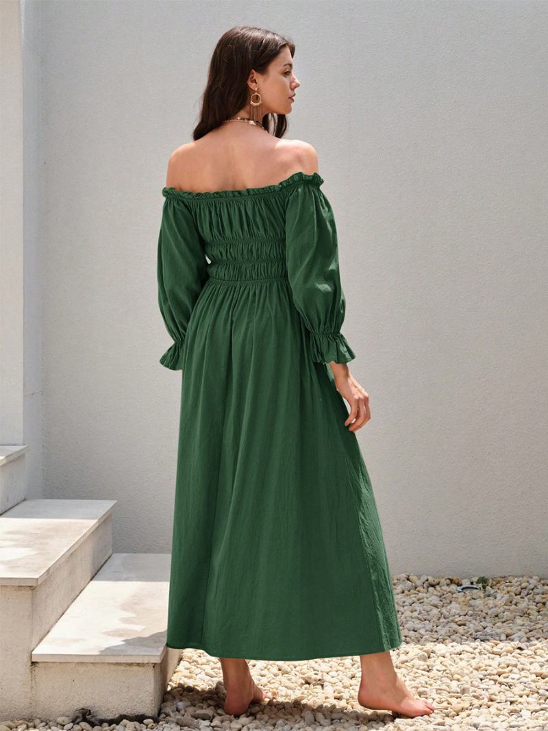 Γυναικεία Φόρεμα Off The Shoulder Πλισέ Καθημερινά Casual Μάξι Φορέματα Σε Πράσινο Χρώμα - Πράσινος